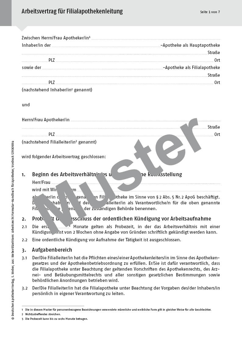 Vertrags-Set Arbeitsvertrag für Filialapothekenleitung