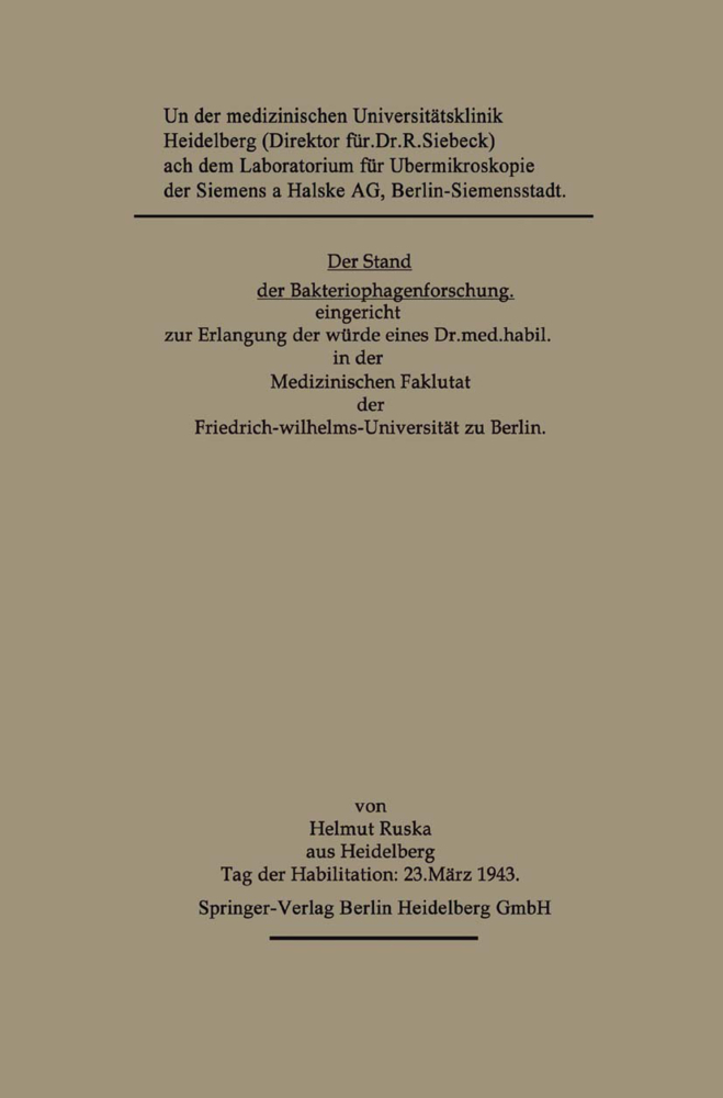 Der Stand der Bakteriophagenforschung